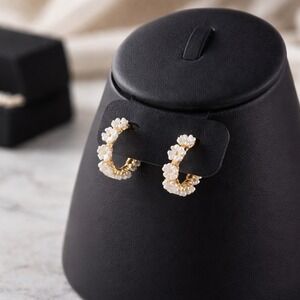 Gold Tone White Floral Hoop Earrings Small Flower Post Back Jewelry